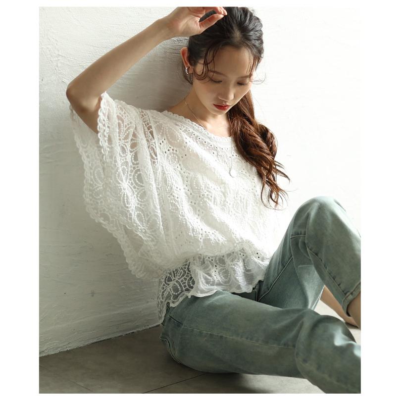 レディース トップス ブラウス 夏服 シャツ ホワイト 5分袖 花柄 刺繍 レース ドルマン ペプラム 綿 大人可愛い きれいめ 30代 40代 50代 女性 サワアラモードの画像