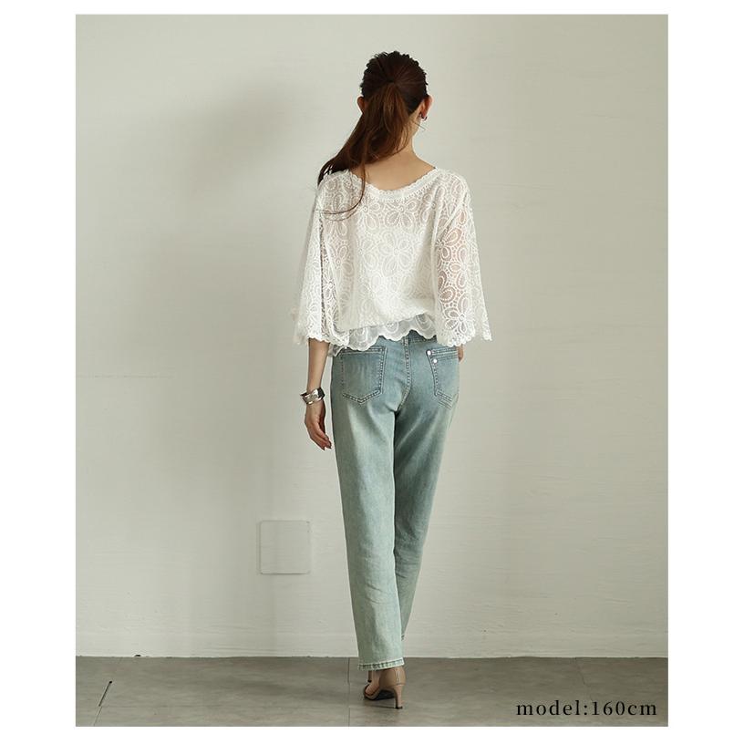 レディース トップス ブラウス 夏服 シャツ ホワイト 5分袖 花柄 刺繍 レース ドルマン ペプラム 綿 大人可愛い きれいめ 30代 40代 50代 女性 サワアラモードの画像