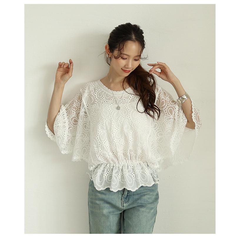 レディース トップス ブラウス 夏服 シャツ ホワイト 5分袖 花柄 刺繍 レース ドルマン ペプラム 綿 大人可愛い きれいめ 30代 40代 50代 女性 サワアラモードの画像