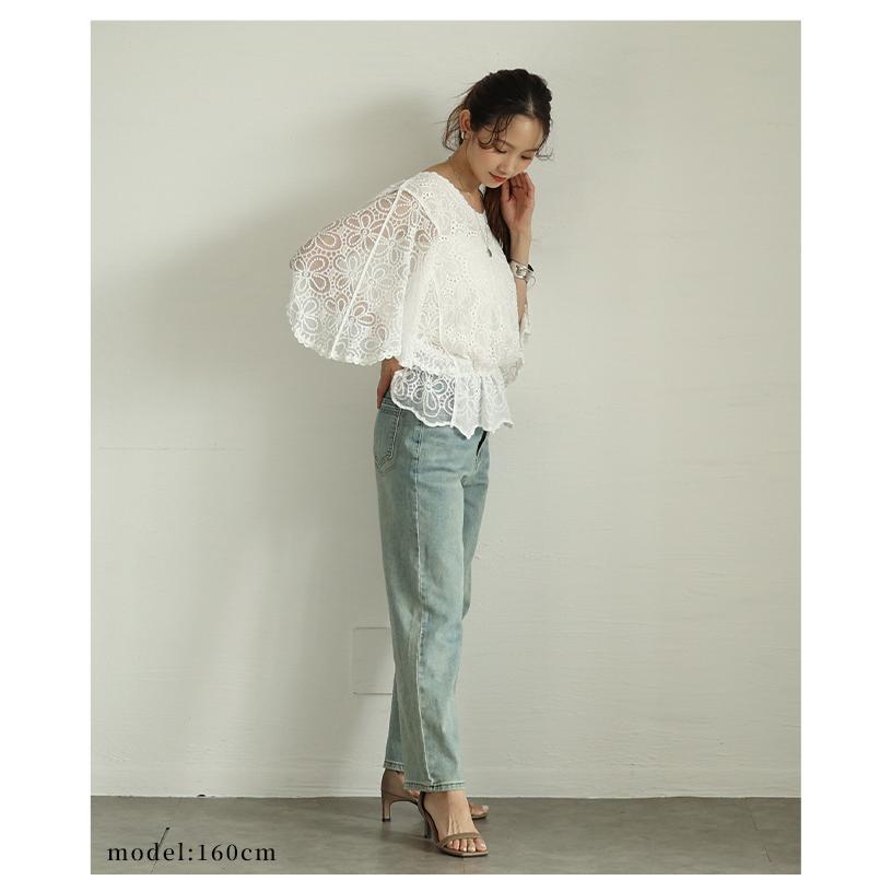 レディース トップス ブラウス 夏服 シャツ ホワイト 5分袖 花柄 刺繍 レース ドルマン ペプラム 綿 大人可愛い きれいめ 30代 40代 50代 女性 サワアラモードの画像