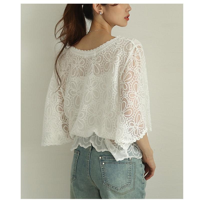 レディース トップス ブラウス 夏服 シャツ ホワイト 5分袖 花柄 刺繍 レース ドルマン ペプラム 綿 大人可愛い きれいめ 30代 40代 50代 女性 サワアラモードの画像