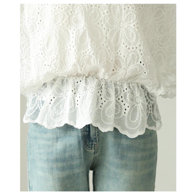 レディース トップス ブラウス 夏服 シャツ ホワイト 5分袖 花柄 刺繍 レース ドルマン ペプラム 綿 大人可愛い きれいめ 30代 40代 50代 女性 サワアラモードの画像