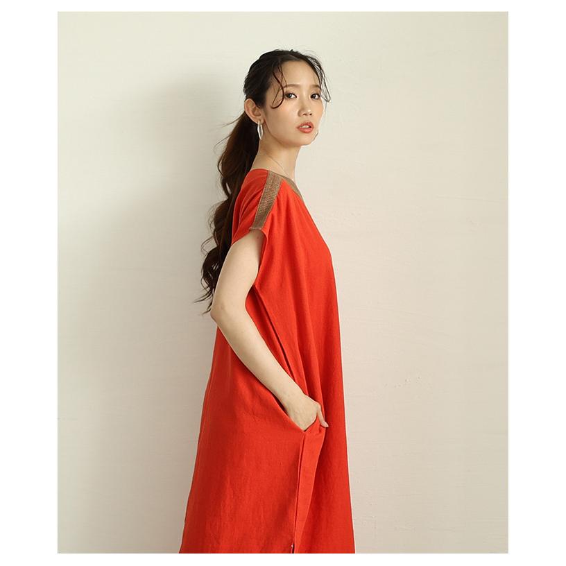 レディース ワンピース チュニック 紺 ネイビー レッド アイボリー 半袖 ミモレ コットン リネン 夏 大人可愛い きれいめ 30代 40代 50代 女性   イベントセールの画像