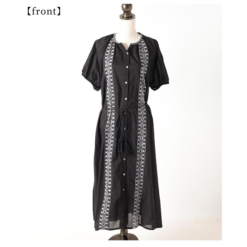 レディース ワンピース ブラック 黒 夏 夏服 半袖 5分袖 パフスリーブ ロング 刺繍 インド綿 コットン 大人可愛い きれいめ 30代 40代 50代 女性 イベントセールの画像