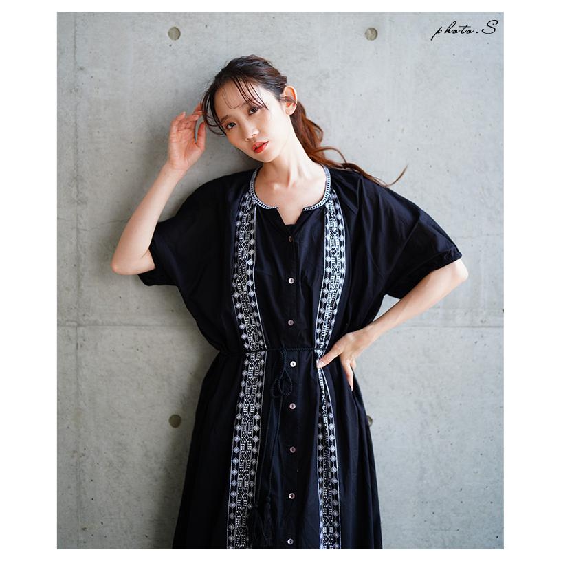 レディース ワンピース ブラック 黒 夏 夏服 半袖 5分袖 パフスリーブ ロング 刺繍 インド綿 コットン 大人可愛い きれいめ 30代 40代 50代 女性 イベントセールの画像