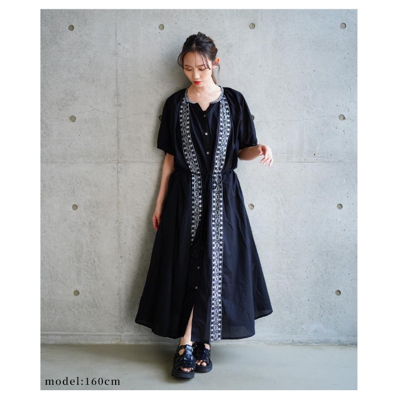 レディース ワンピース ブラック 黒 夏 夏服 半袖 5分袖 パフスリーブ ロング 刺繍 インド綿 コットン 大人可愛い きれいめ 30代 40代 50代 女性 イベントセールの画像