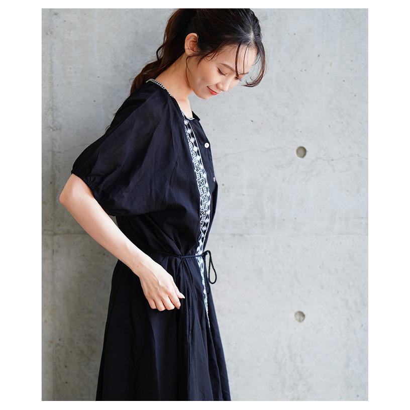 レディース ワンピース ブラック 黒 夏 夏服 半袖 5分袖 パフスリーブ ロング 刺繍 インド綿 コットン 大人可愛い きれいめ 30代 40代 50代 女性 イベントセールの画像