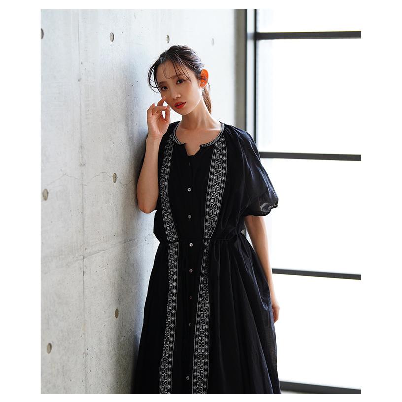 レディース ワンピース ブラック 黒 夏 夏服 半袖 5分袖 パフスリーブ ロング 刺繍 インド綿 コットン 大人可愛い きれいめ 30代 40代 50代 女性 イベントセールの画像