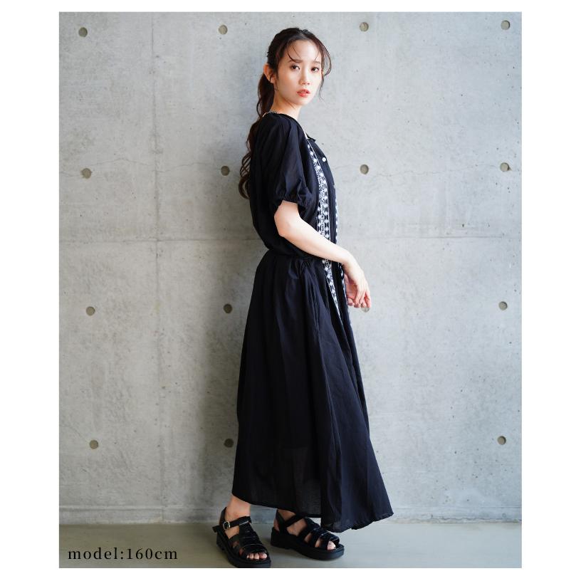 レディース ワンピース ブラック 黒 夏 夏服 半袖 5分袖 パフスリーブ ロング 刺繍 インド綿 コットン 大人可愛い きれいめ 30代 40代 50代 女性 イベントセールの画像