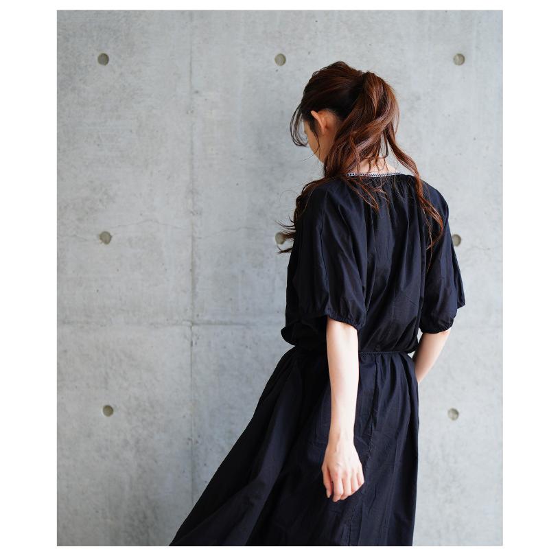 レディース ワンピース ブラック 黒 夏 夏服 半袖 5分袖 パフスリーブ ロング 刺繍 インド綿 コットン 大人可愛い きれいめ 30代 40代 50代 女性 イベントセールの画像