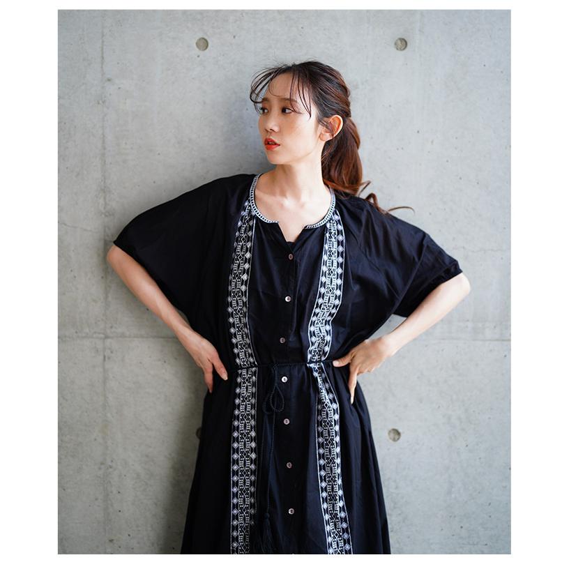 レディース ワンピース ブラック 黒 夏 夏服 半袖 5分袖 パフスリーブ ロング 刺繍 インド綿 コットン 大人可愛い きれいめ 30代 40代 50代 女性 イベントセールの画像