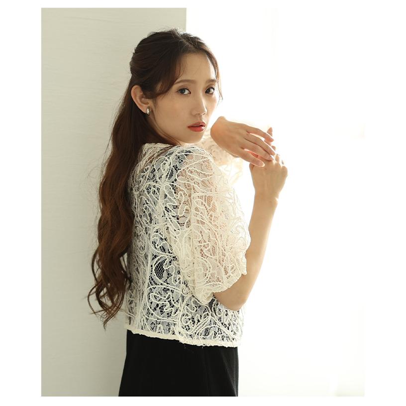 レディース トップス レース コード刺繍 カーディガン ボレロ 羽織り パフスリーブ ショート 黒 白 大人可愛い 大人 可愛い 30代 40代 50代 60代 イベントセールの画像