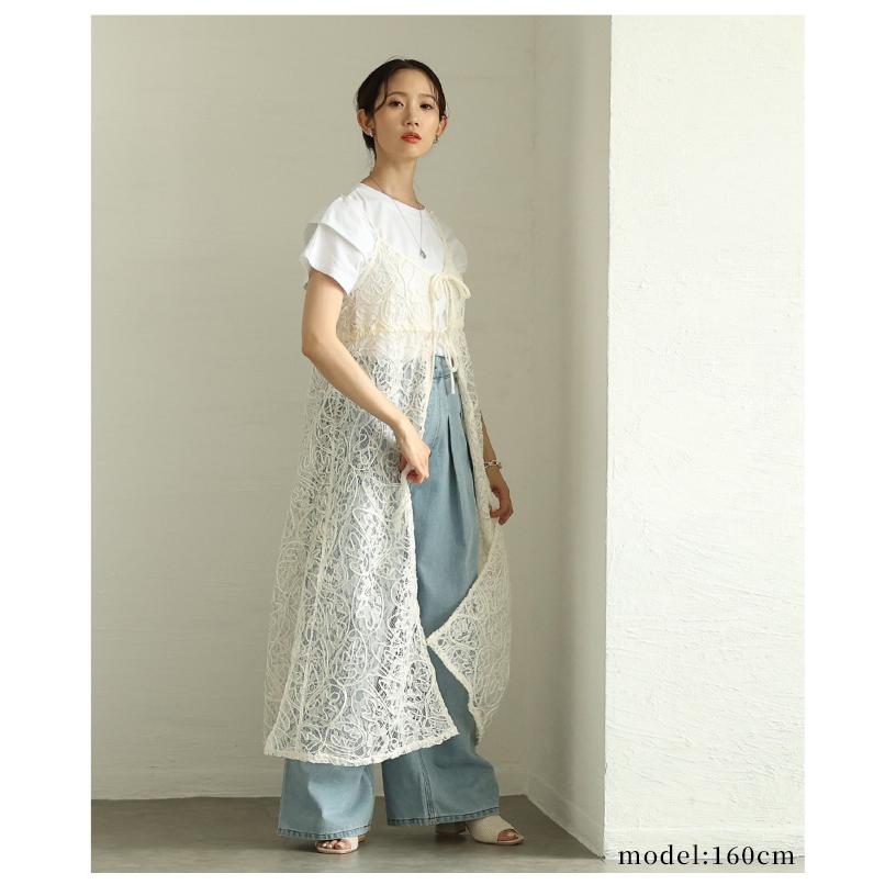 ワンピース レディース レース コード刺繍 キャミソール ロング シアー 重ね着 ブラック ホワイト 大人可愛い 大人 可愛い 30代 40代 50代 60代  イベントセールの画像