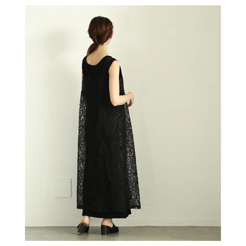 ワンピース レディース レース コード刺繍 キャミソール ロング シアー 重ね着 ブラック ホワイト 大人可愛い 大人 可愛い 30代 40代 50代 60代  イベントセールの画像