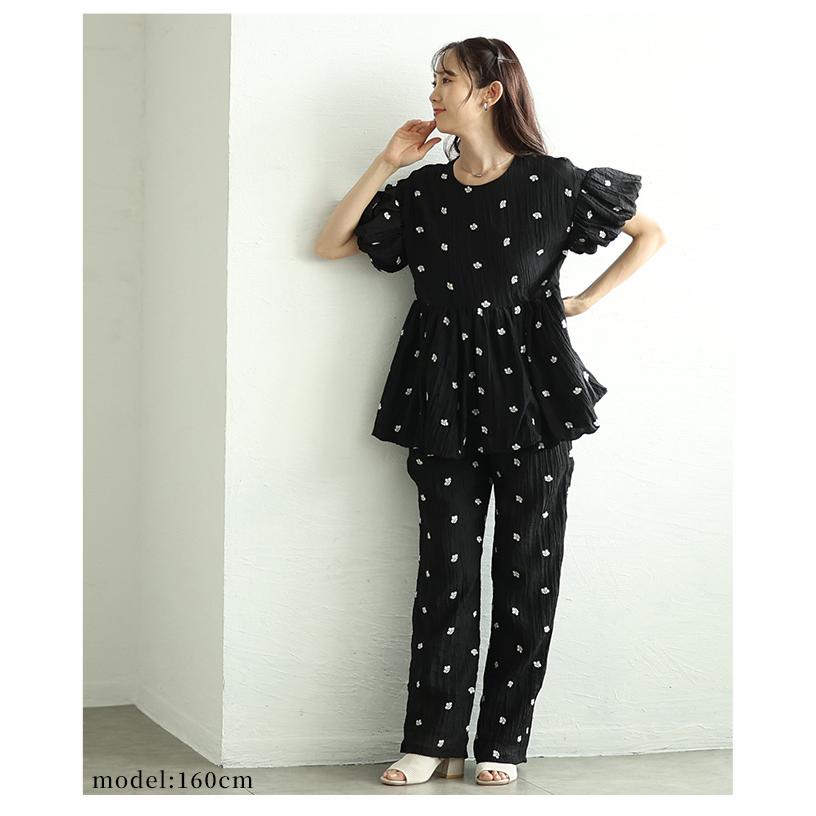 レディース トップス 花柄 刺繍 ドット ペプラム フレア バルーンスリーブ 楊柳 ブラック 黒 夏 大人可愛い 大人 可愛い 30代 40代 50代 60代 サ イベントセールの画像