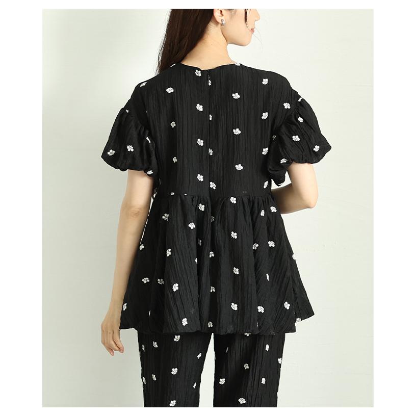 レディース トップス 花柄 刺繍 ドット ペプラム フレア バルーン
