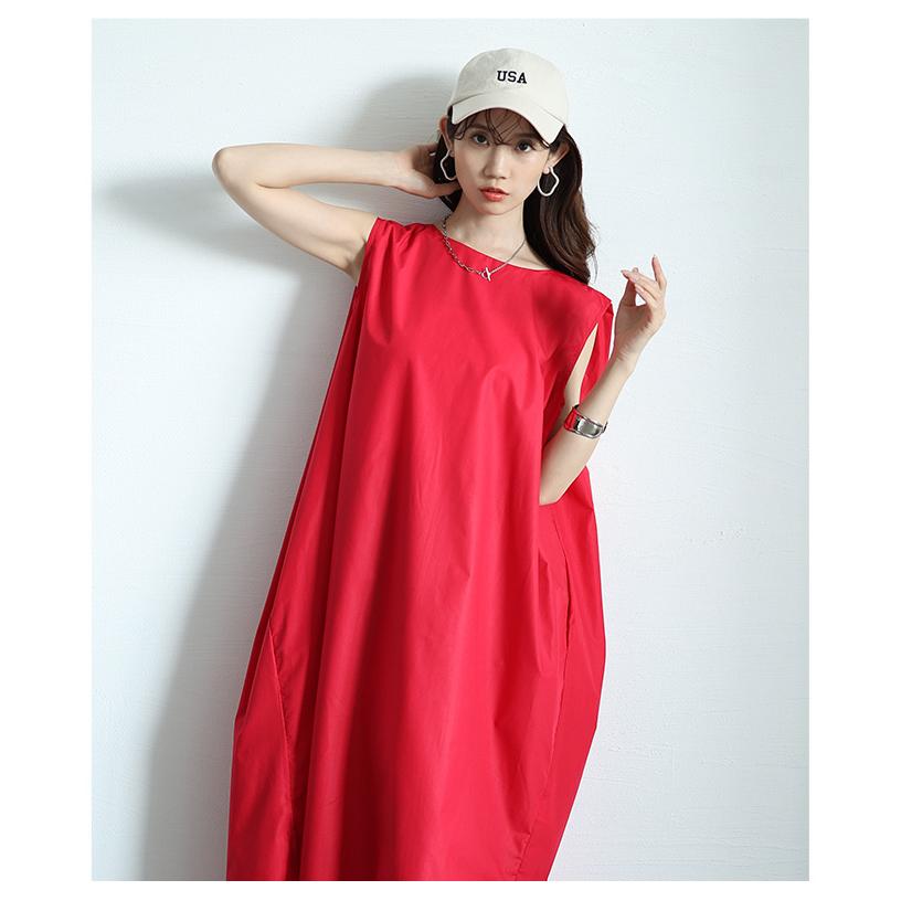 ワンピース レディース カットソー ノースリーブ ロング スリット ポケット 無地 黒 赤 黄色 大人可愛い 大人 可愛い 30代 40代 50代 60代 サワ  イベントセールの画像