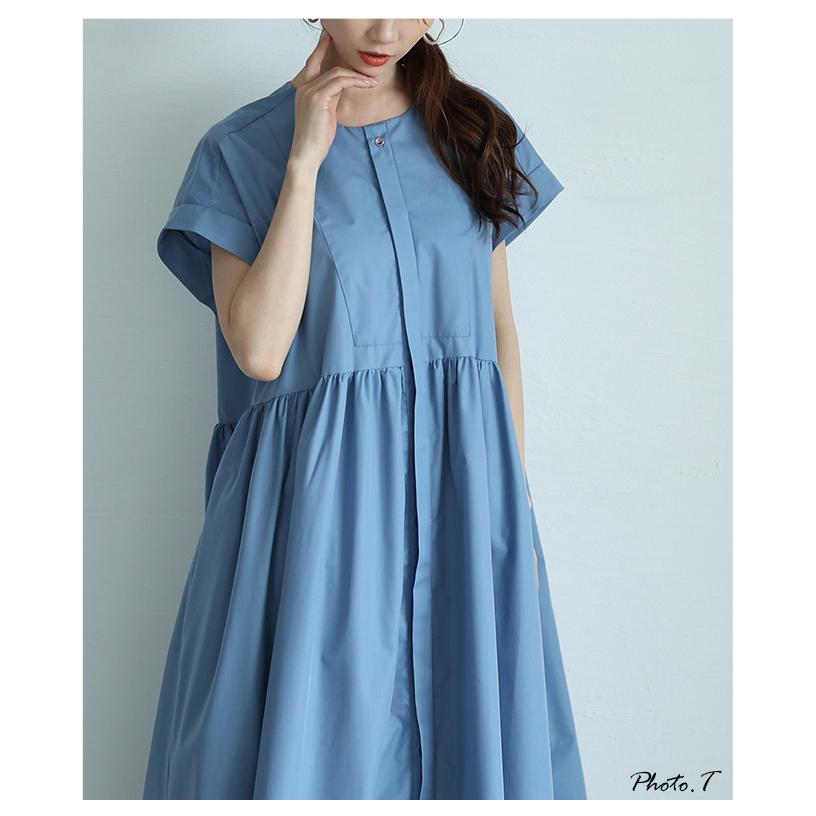 ワンピース レディース シャツ ブラウス ギャザー フレア 比翼ボタン 半袖 ロング ブルー 青 春 夏 大人可愛い 大人 可愛い 30代 40代 50代 60代 イベントセールの画像