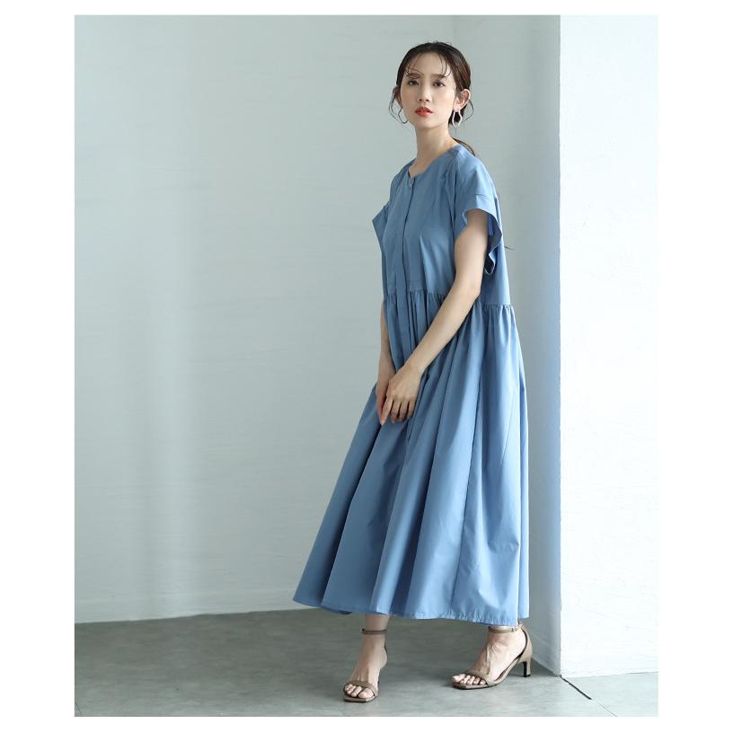 ワンピース レディース シャツ ブラウス ギャザー フレア 比翼ボタン 半袖 ロング ブルー 青 春 夏 大人可愛い 大人 可愛い 30代 40代 50代 60代 イベントセールの画像