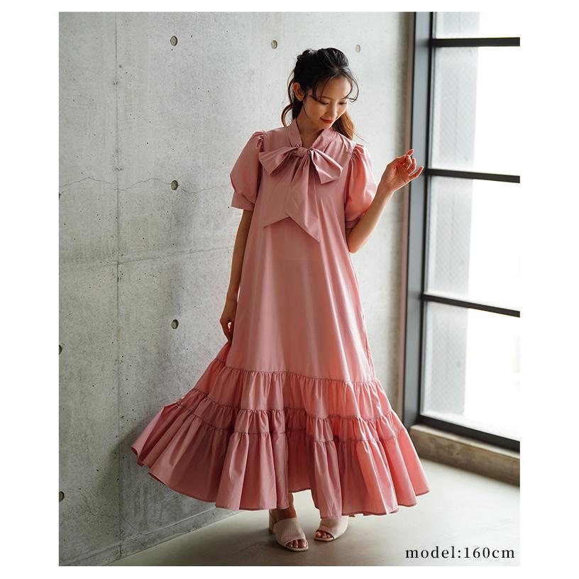 レディース ワンピース ブラック 黒 ピンク ブルー 半袖 パフスリーブ ロング リボン ティアード 夏 大人可愛い きれいめ 30代 40代 50代 女性   イベントセールの画像