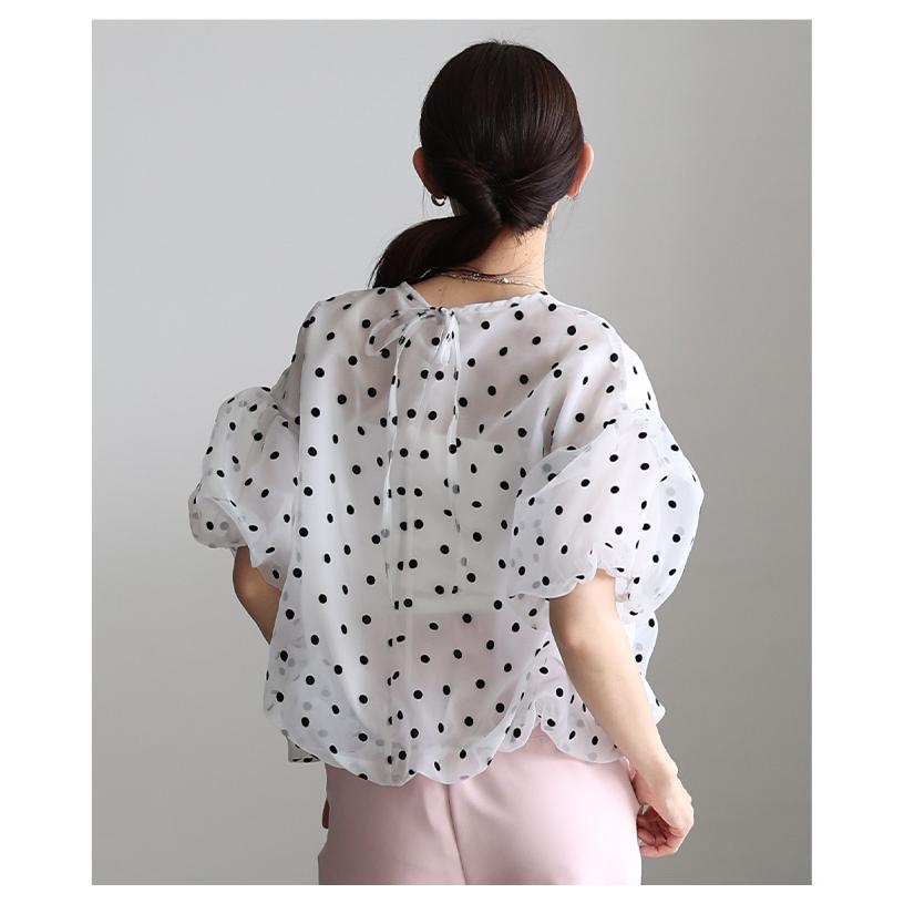 レディース トップス ブラウス ドット オーガンジー バルーン パフスリーブ リボン 黒 白 大人可愛い 大人 可愛い 30代 40代 50代 60代 サワアラモードの画像