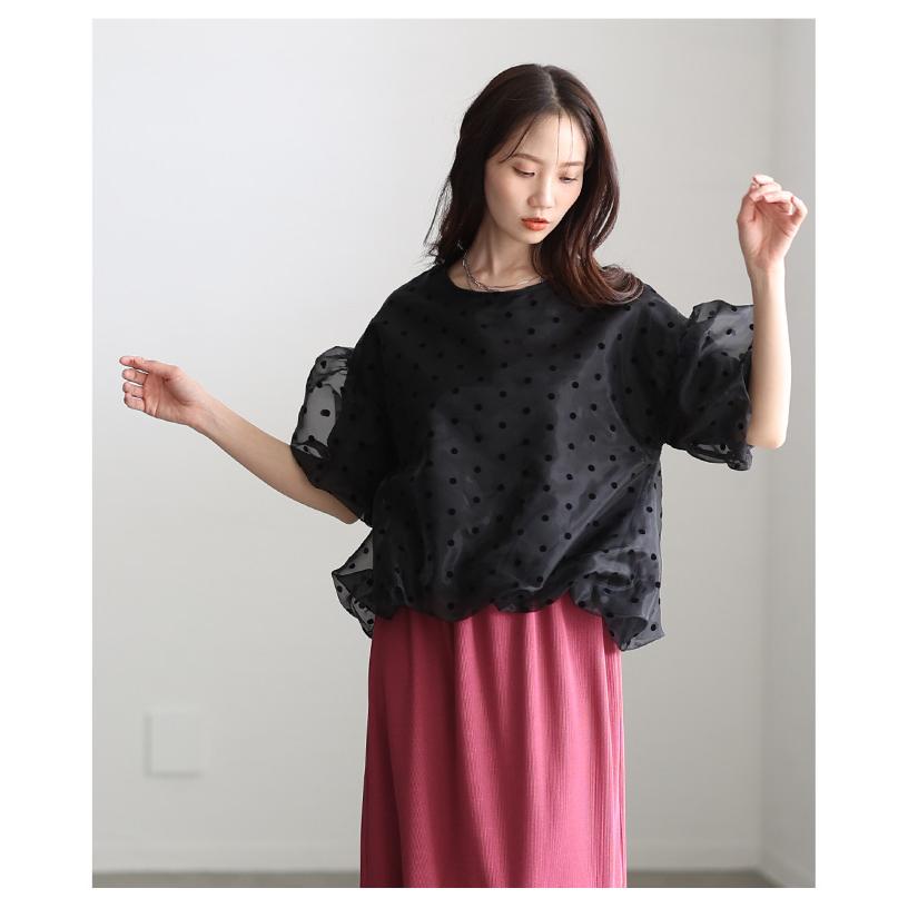 レディース トップス ブラウス ドット オーガンジー バルーン パフスリーブ リボン 黒 白 大人可愛い 大人 可愛い 30代 40代 50代 60代 サワアラモードの画像
