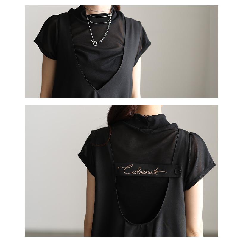 ワンピース レディース ジャンパースカート ロゴ 刺繍 Vネック ロング ノースリーブ ブラック 黒 大人可愛い 大人 可愛い 30代 40代 50代 60代 サワアラモードの画像