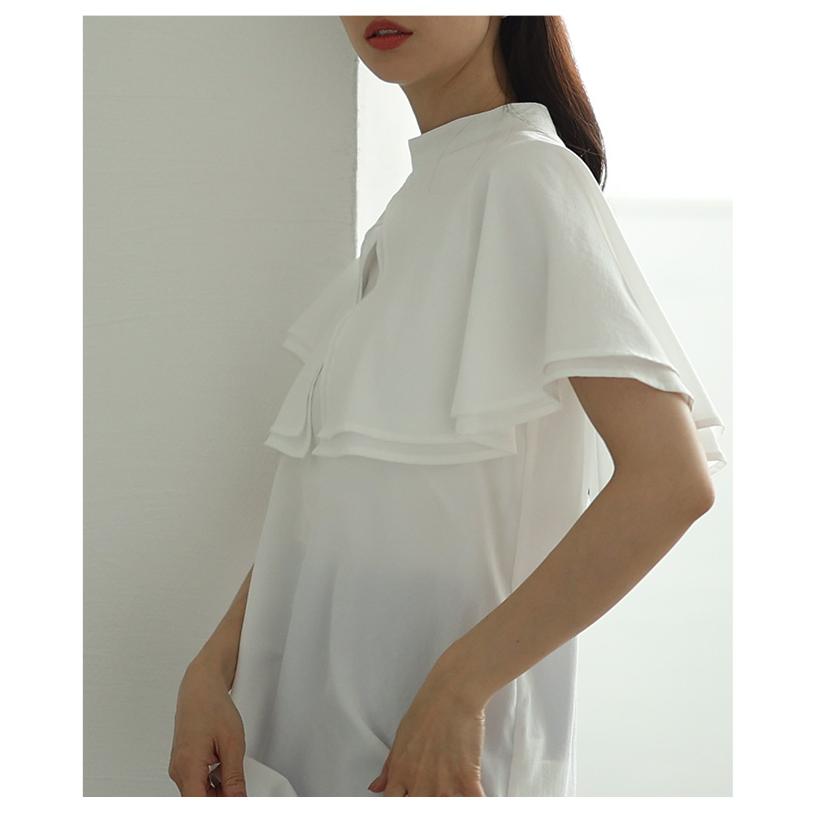 レディース トップス ブラウス シャツ ブラック 黒 オフホワイト オレンジ 半袖 ケープ襟 無地 夏服 大人可愛い きれいめ 30代 40代 50代 女性   イベントセールの画像