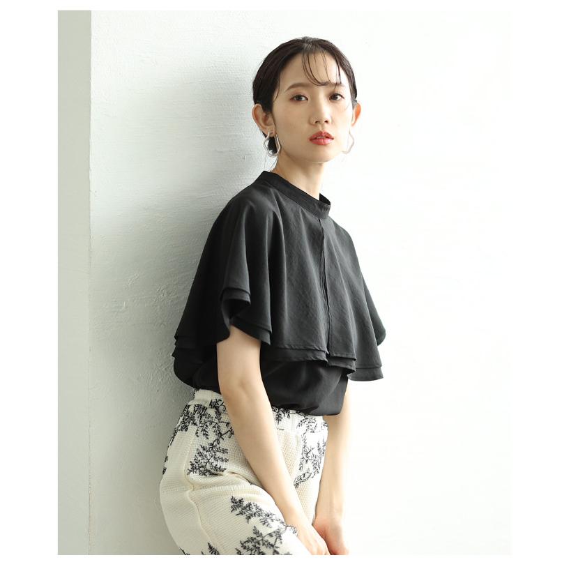 レディース トップス ブラウス シャツ ブラック 黒 オフホワイト オレンジ 半袖 ケープ襟 無地 夏服 大人可愛い きれいめ 30代 40代 50代 女性   イベントセールの画像