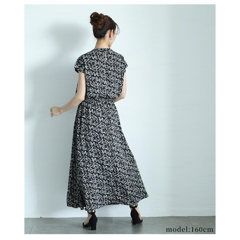ワンピース レディース 花柄 小花柄 フレンチスリーブ 半袖 ロング フレア ウエストゴム 黒 夏 大人可愛い 大人 可愛い 30代 40代 50代 60代 サワアラモードの画像