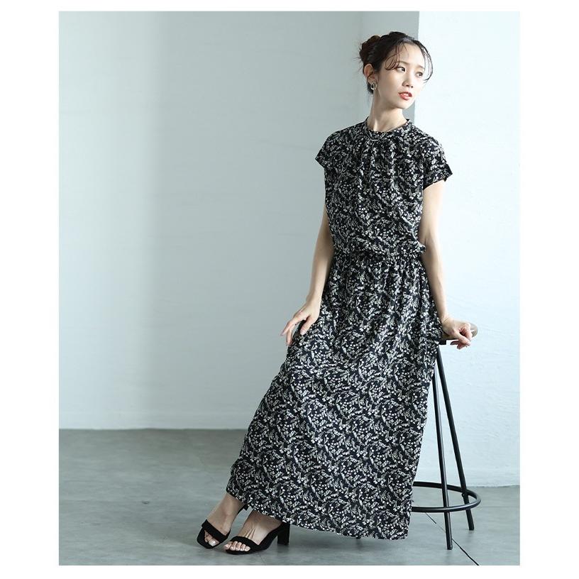 ワンピース レディース 花柄 小花柄 フレンチスリーブ 半袖 ロング フレア ウエストゴム 黒 夏 大人可愛い 大人 可愛い 30代 40代 50代 60代 サワアラモードの画像