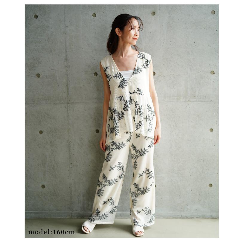 レディース ボトムス パンツ 黒 ズボン ブラック アイボリー ロング丈 ボタニカル 刺繍 ワイド 夏服 大人可愛い きれいめ 30代 40代 50代 女性 サワアラモード