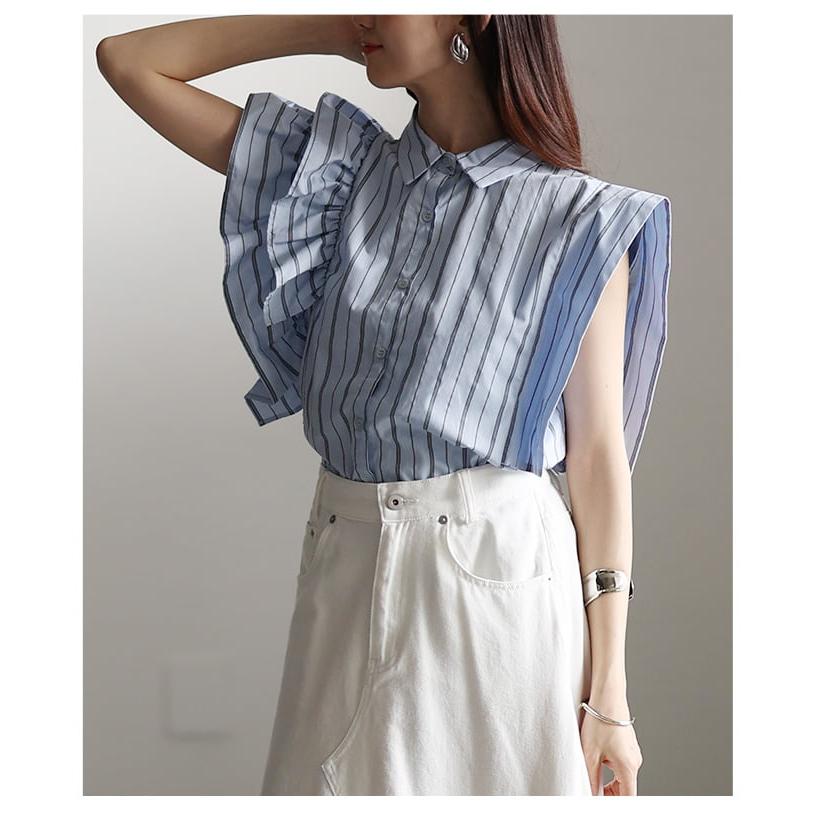 ストライプ柄フリル袖シャツ，スカート Sawa a la mode（サワアラモード） レディース トップス シャツ