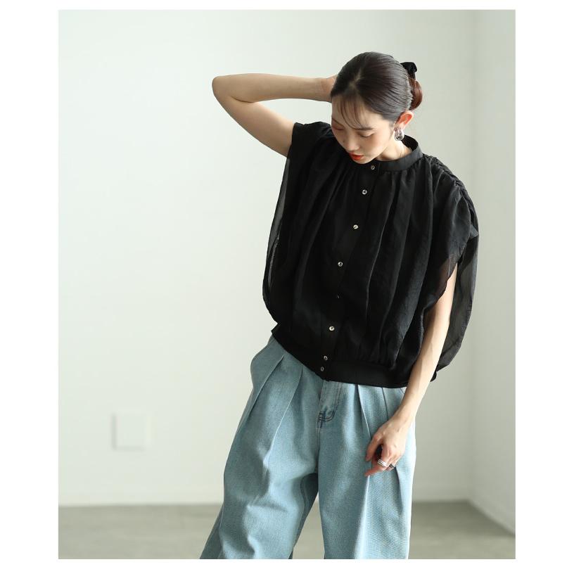 レディース トップス ブラウス シャツ バルーン オーガンジー シアー ギャザー フレンチ ブラック 大人可愛い 大人 可愛い 30代 40代 50代 60代 サワアラモードの画像