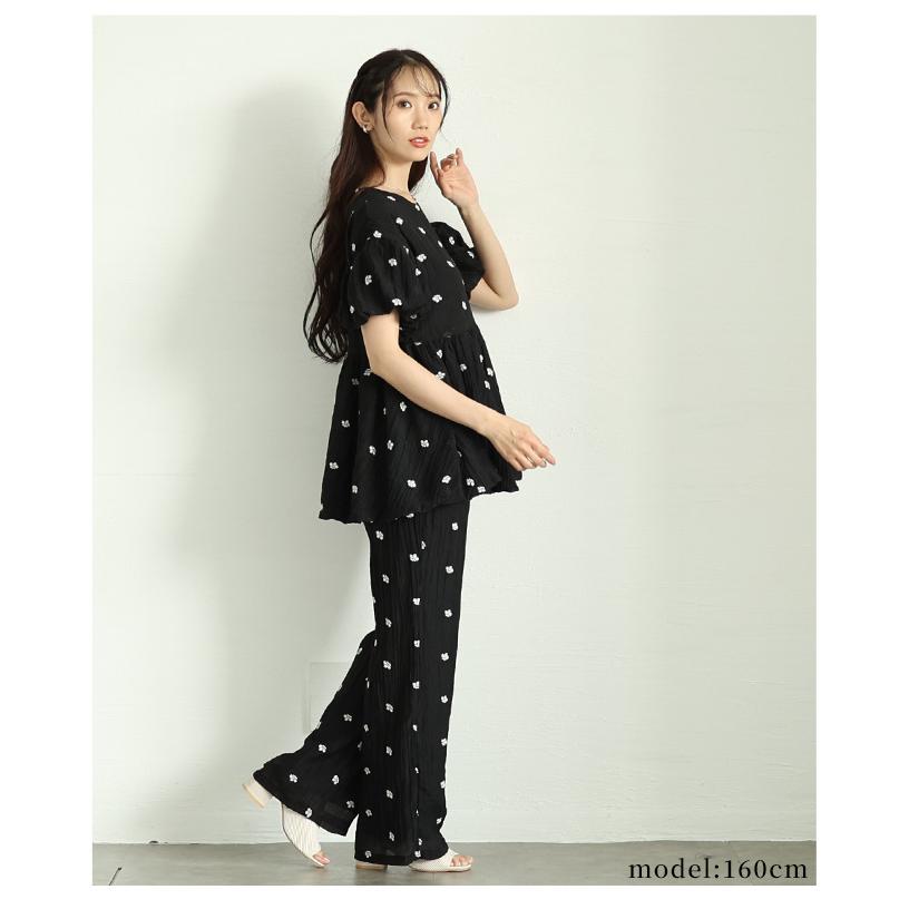 レディース パンツ 花柄 刺繍 ドット 楊柳 ウエストゴム ドロスト ロング シアー ブラック 黒 夏 大人可愛い 大人 可愛い 30代 40代 50代 60代   イベントセールの画像