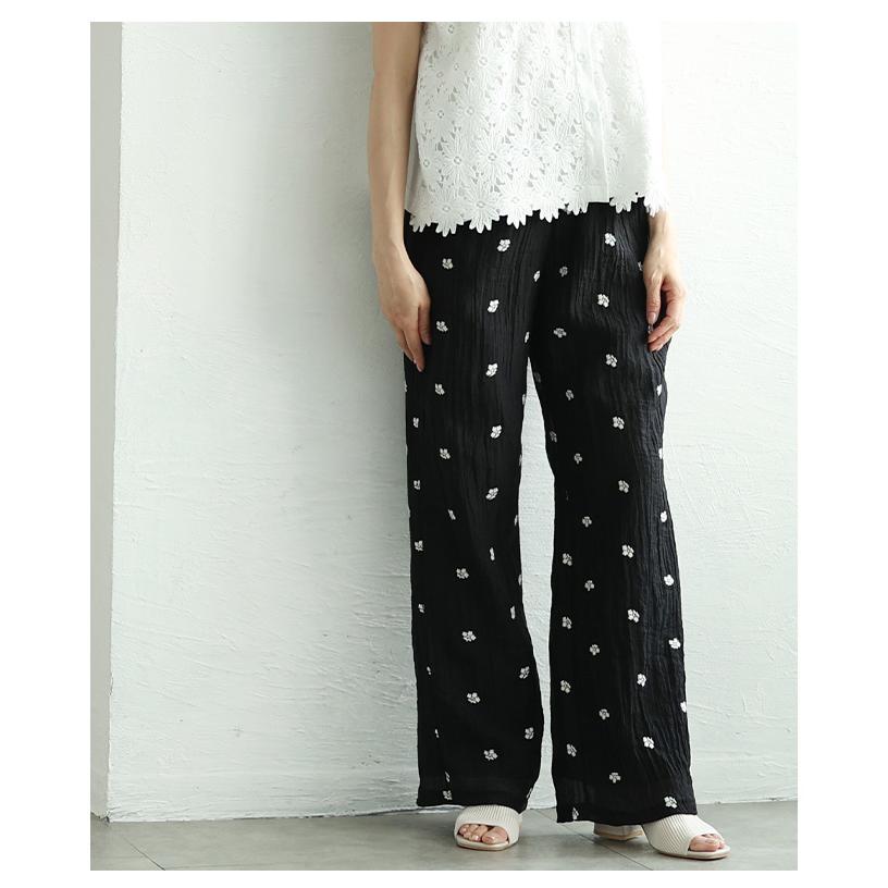 レディース パンツ 花柄 刺繍 ドット 楊柳 ウエストゴム ドロスト ロング シアー ブラック 黒 夏 大人可愛い 大人 可愛い 30代 40代 50代 60代   イベントセールの画像