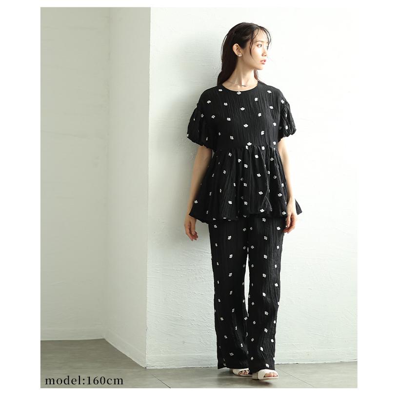 レディース パンツ 花柄 刺繍 ドット 楊柳 ウエストゴム ドロスト ロング シアー ブラック 黒 夏 大人可愛い 大人 可愛い 30代 40代 50代 60代   イベントセールの画像