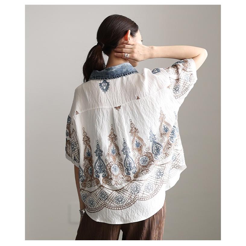 レディース トップス シャツ ブラウス 異素材 ペイズリー ダマスク 刺繍 デニム 半袖 ホワイト 白 大人可愛い 大人 可愛い 30代 40代 50代 60代 サワアラモードの画像