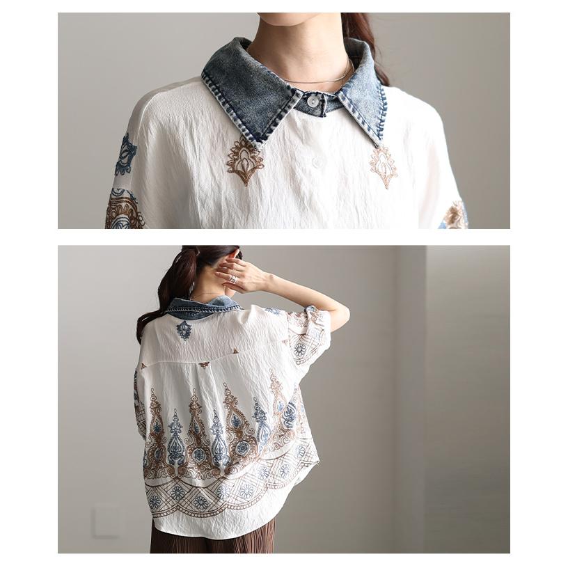 レディース トップス シャツ ブラウス 異素材 ペイズリー ダマスク 刺繍 デニム 半袖 ホワイト 白 大人可愛い 大人 可愛い 30代 40代 50代 60代 サワアラモードの画像