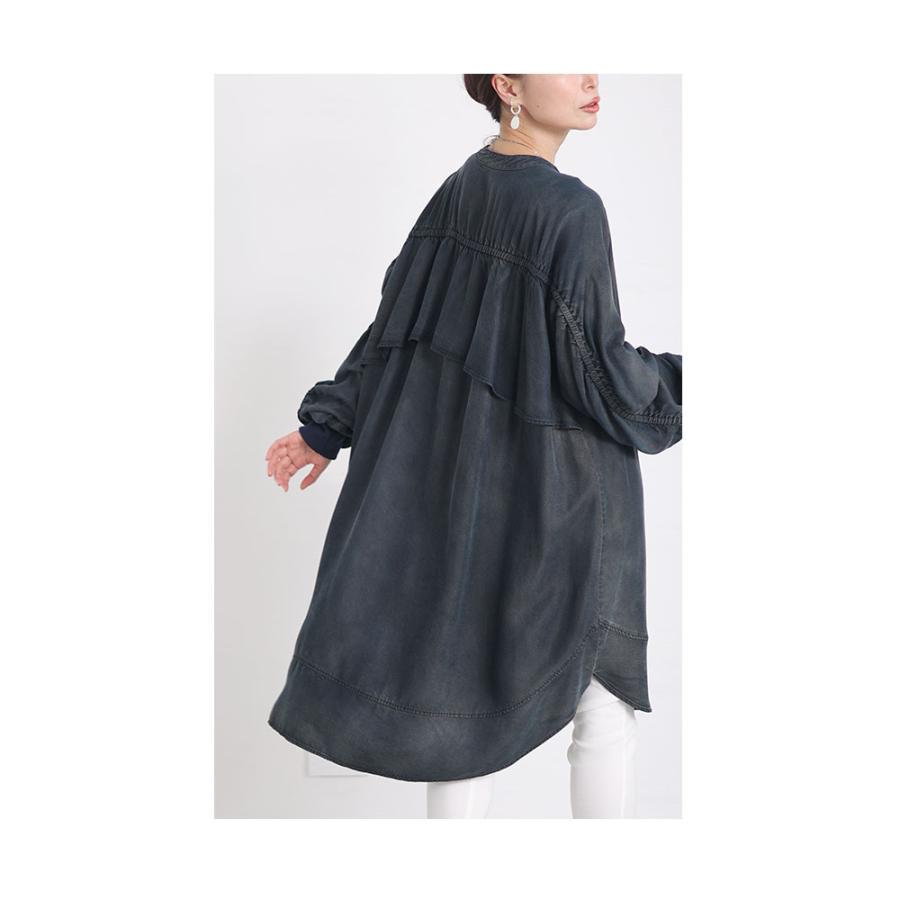 美品♪45R M コットン 長袖ブラウス インディゴ ロゴ ネイビー チュニック Sawa a la mode レディース トップス チュニック シャツ 青