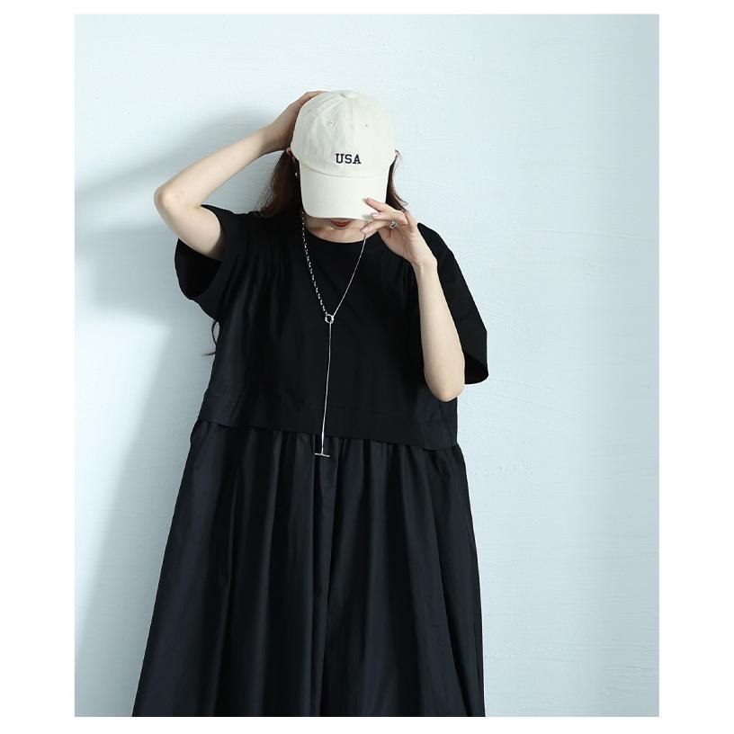 ワンピース レディース 異素材 ギャザー 半袖 ロング フレア ポケット カットソー 黒 緑 夏 夏服 大人可愛い 大人 可愛い 30代 40代 50代 60代 イベントセールの画像