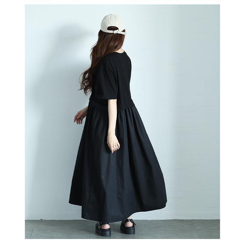 ワンピース レディース 異素材 ギャザー 半袖 ロング フレア ポケット カットソー 黒 緑 夏 夏服 大人可愛い 大人 可愛い 30代 40代 50代 60代 イベントセールの画像
