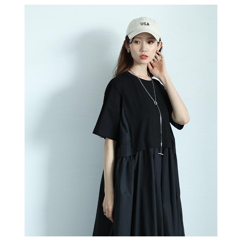 ワンピース レディース 異素材 ギャザー 半袖 ロング フレア ポケット カットソー 黒 緑 夏 夏服 大人可愛い 大人 可愛い 30代 40代 50代 60代 イベントセールの画像