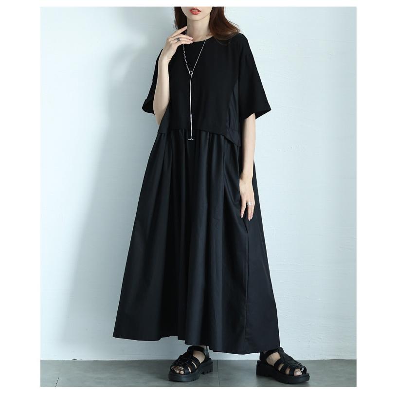 ワンピース レディース 異素材 ギャザー 半袖 ロング フレア ポケット カットソー 黒 緑 夏 夏服 大人可愛い 大人 可愛い 30代 40代 50代 60代 イベントセールの画像