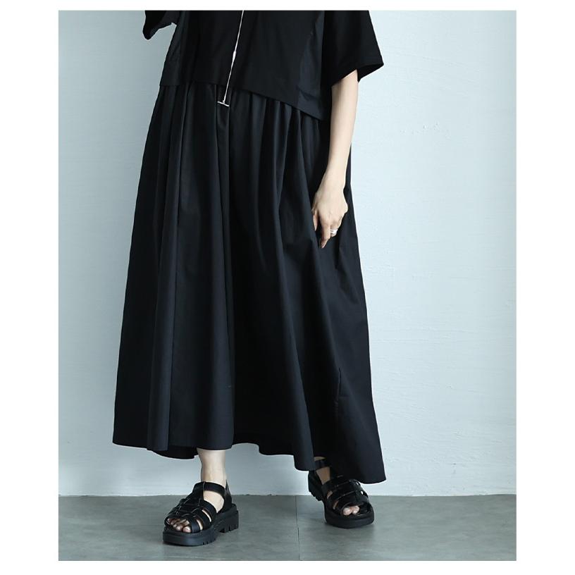 ワンピース レディース 異素材 ギャザー 半袖 ロング フレア ポケット カットソー 黒 緑 夏 夏服 大人可愛い 大人 可愛い 30代 40代 50代 60代 イベントセールの画像