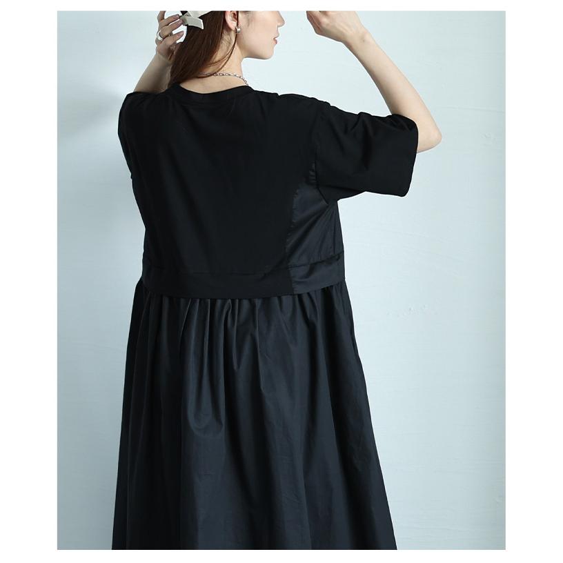 ワンピース レディース 異素材 ギャザー 半袖 ロング フレア ポケット カットソー 黒 緑 夏 夏服 大人可愛い 大人 可愛い 30代 40代 50代 60代 イベントセールの画像
