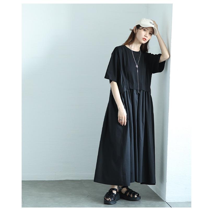 ワンピース レディース 異素材 ギャザー 半袖 ロング フレア ポケット カットソー 黒 緑 夏 夏服 大人可愛い 大人 可愛い 30代 40代 50代 60代 イベントセールの画像