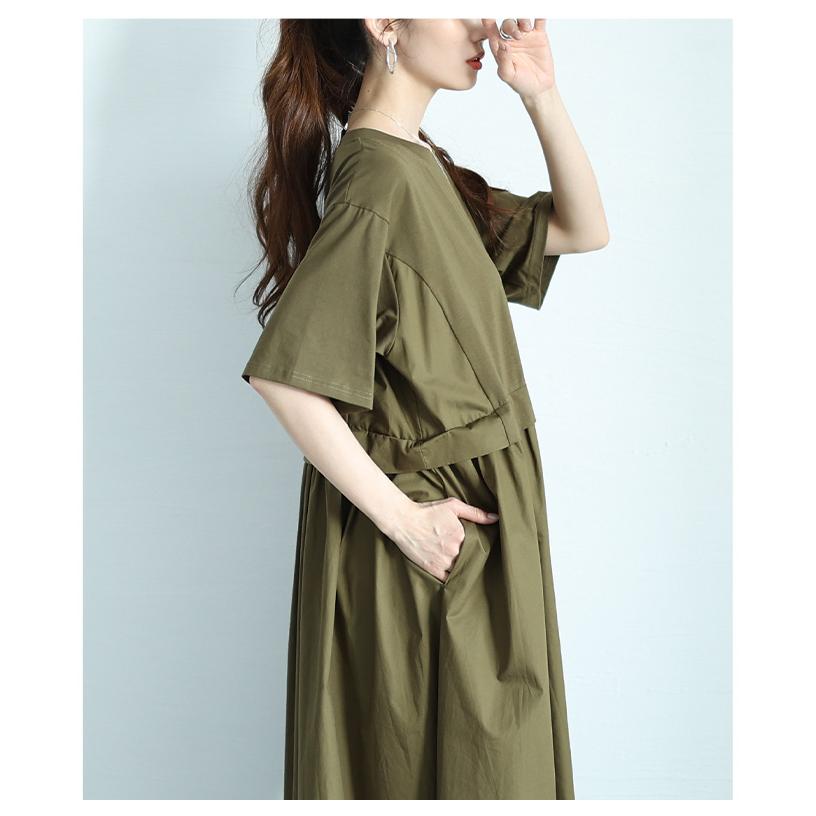 ワンピース レディース 異素材 ギャザー 半袖 ロング フレア ポケット カットソー 黒 緑 夏 夏服 大人可愛い 大人 可愛い 30代 40代 50代 60代 イベントセールの画像