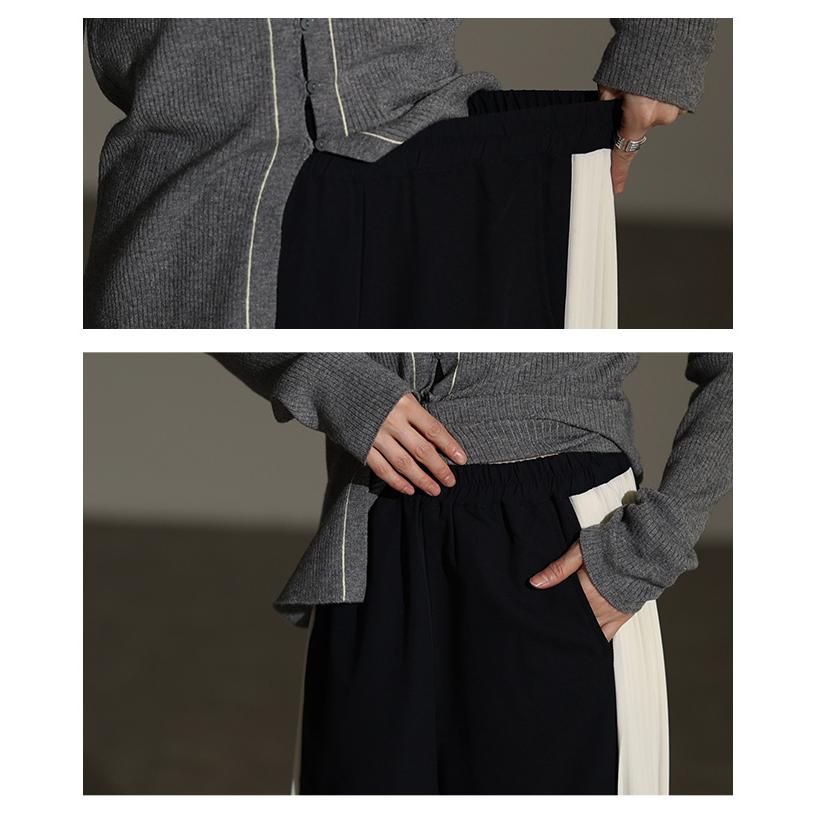 レディース パンツ プリーツ 切替 配色 ワイド ロング ウエストゴム 無地 ネイビー×ホワイト 大人可愛い 大人 可愛い 30代 40代 50代 60代 サワアラモード