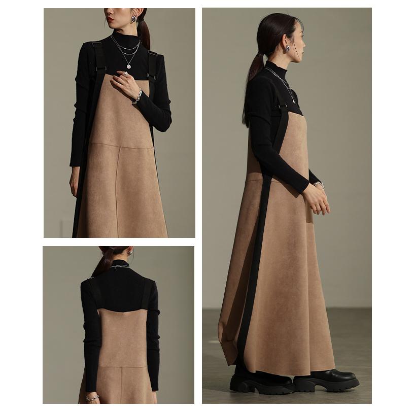 ワンピース レディース ロング スエード フレア カジュアル モード 体型カバー 秋 冬 秋服 冬服 大人可愛い 大人 可愛い 30代 40代 50代 60代 アラモードの画像